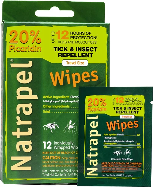 Natrapel Picaridin repellent wipes 12 per box, 20% picaridin, individually wrapped
