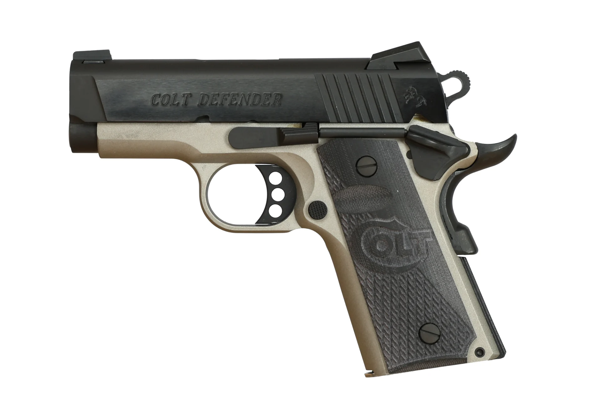 Colt Defender .45 ACP 3 inch two-tone Cerakote stainless pistol with G10 grips