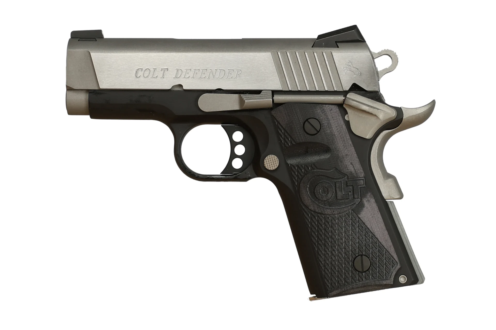 Colt Defender two-tone .45 ACP 3-inch pistol with G10 grip