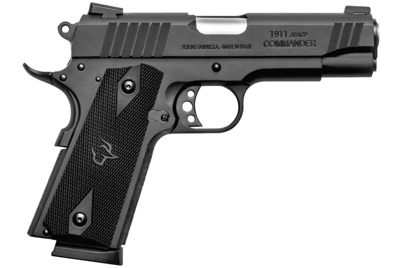 Taurus 1911 Commander .45 ACP black pistol with Novak sights and checkered grips