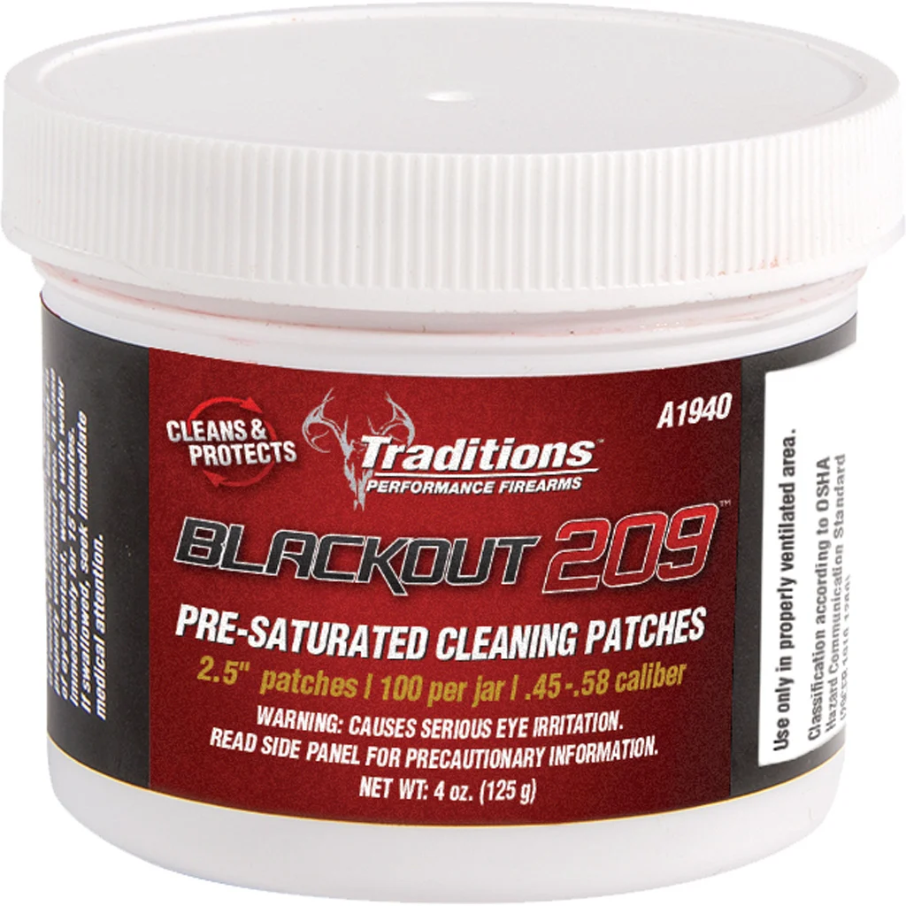 Traditions BlackOut 209 pre-saturated 2.5 inch cotton cleaning patches, 100 per jar