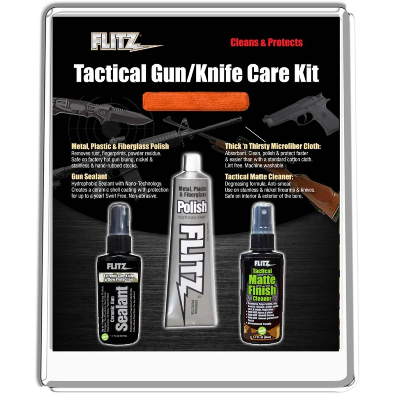 Flitz Tactical Gun and Knife Care Kit with polish, tactical matte cleaner, ceramic sealant, and hunter orange microfiber clot