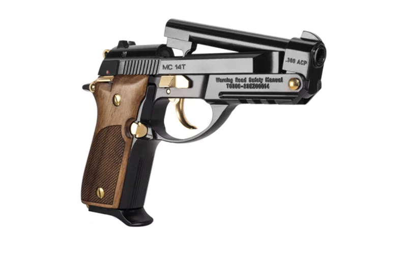 EAA Girsan MC14T .380 ACP tip-up pistol black frame gold controls
