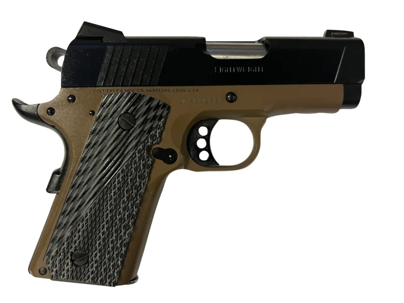 Colt Defender .45 ACP 3-inch FDE frame black slide G10 checkered grips Novak night sights