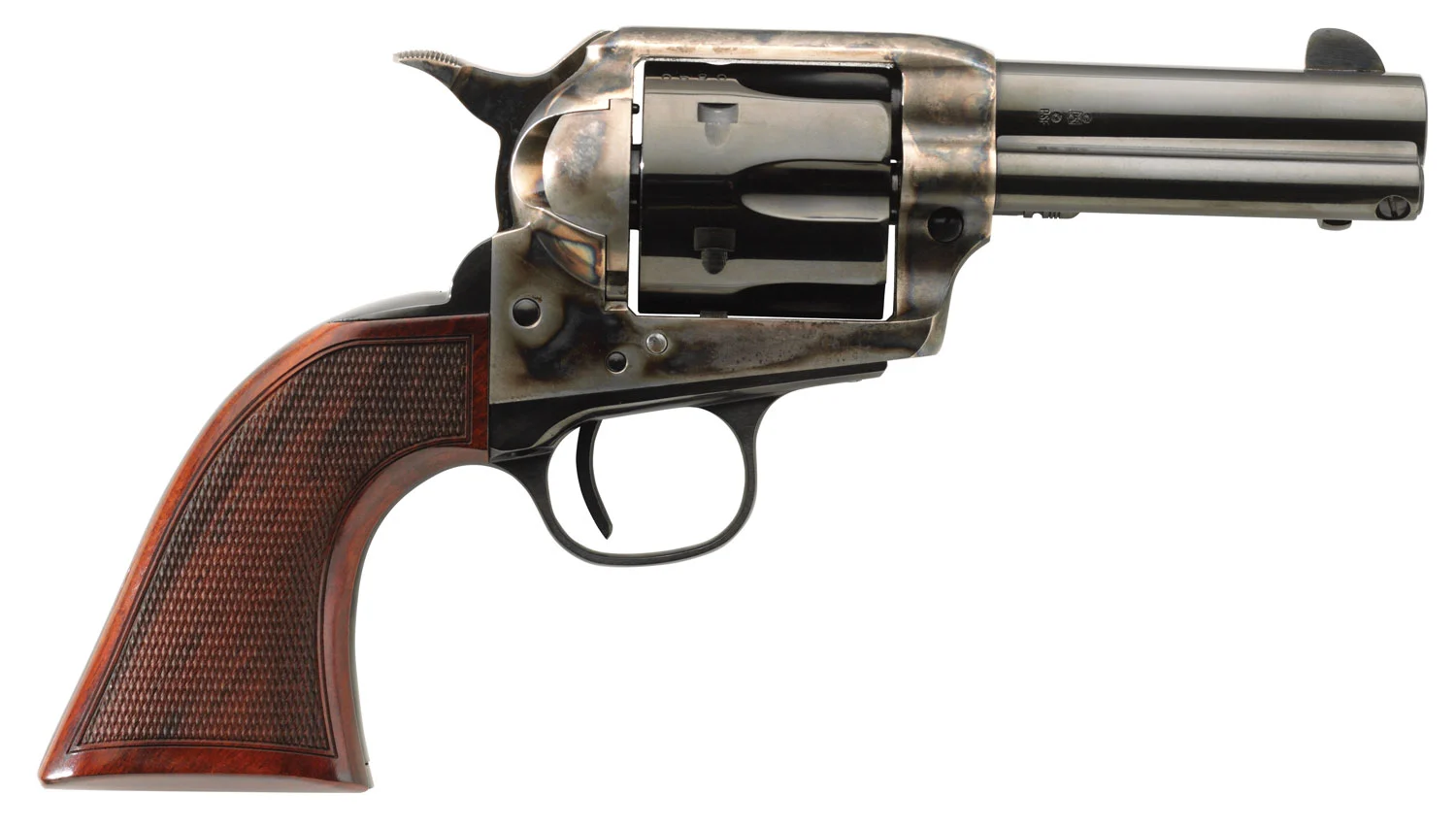 Taylors & Company Short Stroke Runnin Iron Deluxe revolver .45 LC 3.5in blued barrel case hardened frame checkered walnut gri
