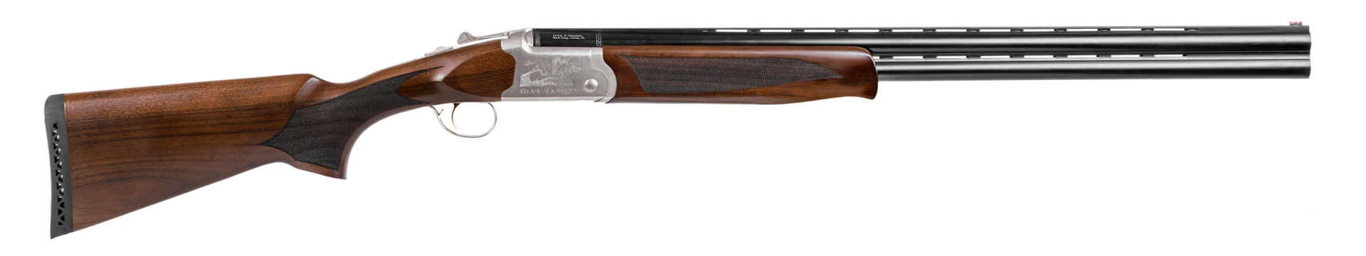 Balikli Blue Label 12 GA 28 in over/under shotgun with engraved receiver and fixed checkered stock