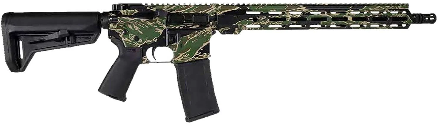 Shark Coast Tactical Tiger Stripe AR-15 rifle, 5.56 NATO, 16-inch barrel, tiger-stripe finish