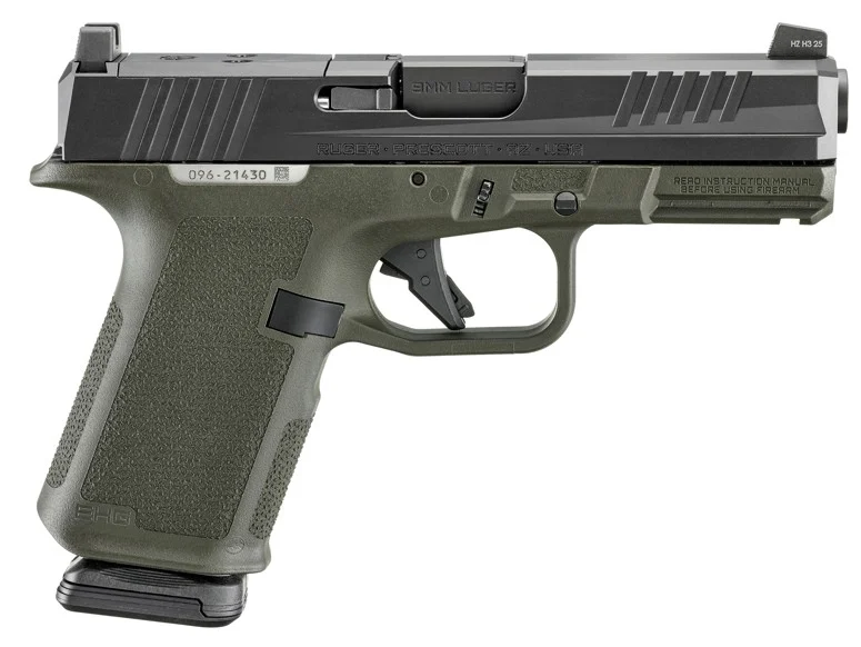 Ruger RXM 9mm 4 inch pistol with OD Green Magpul grip, optic-ready, tritium front sight