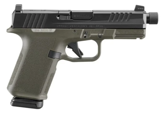 Ruger RXM 9mm pistol with OD Green Magpul grip, threaded barrel, and tritium front sight