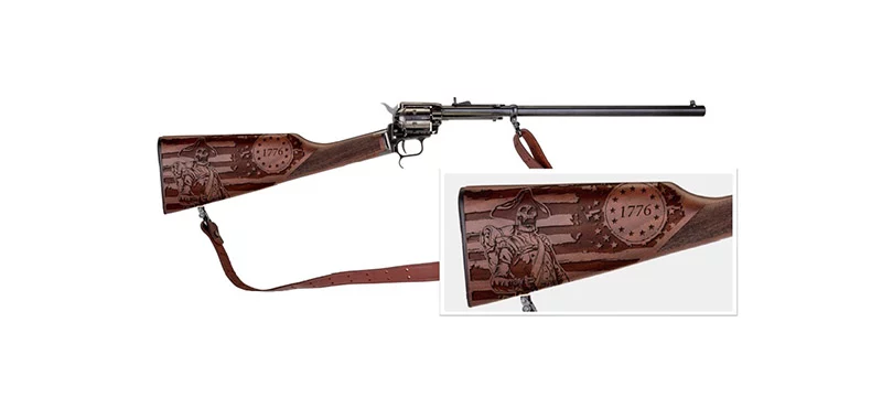 Heritage Rough Rider Rancher .22 LR carbine, 16 in blued barrel, Independence Day engraved walnut stock