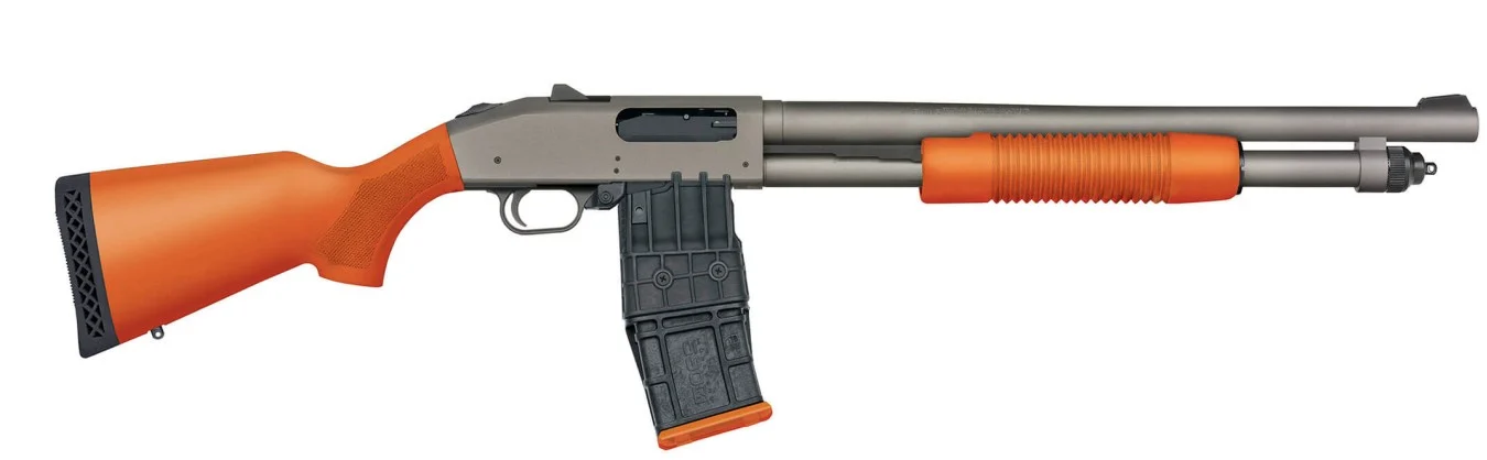 Mossberg 590M mag-fed 12 Gauge pump shotgun with Tungsten Gray barrel and Safety Orange stock
