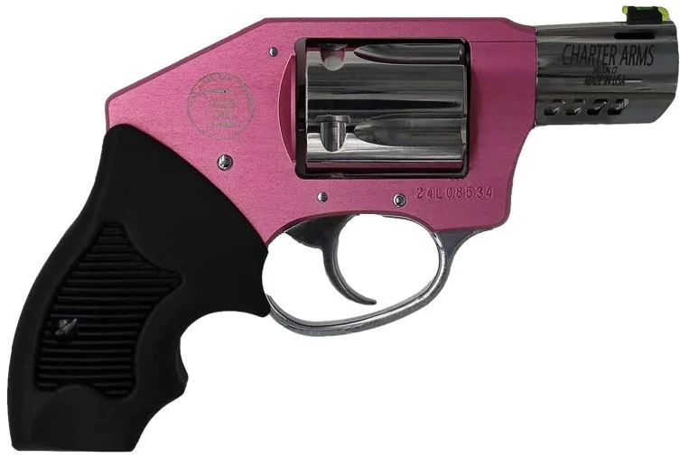 Charter Arms Off Duty Coyote .380 ACP 2-inch pink frame revolver with ported barrel and black rubber grip