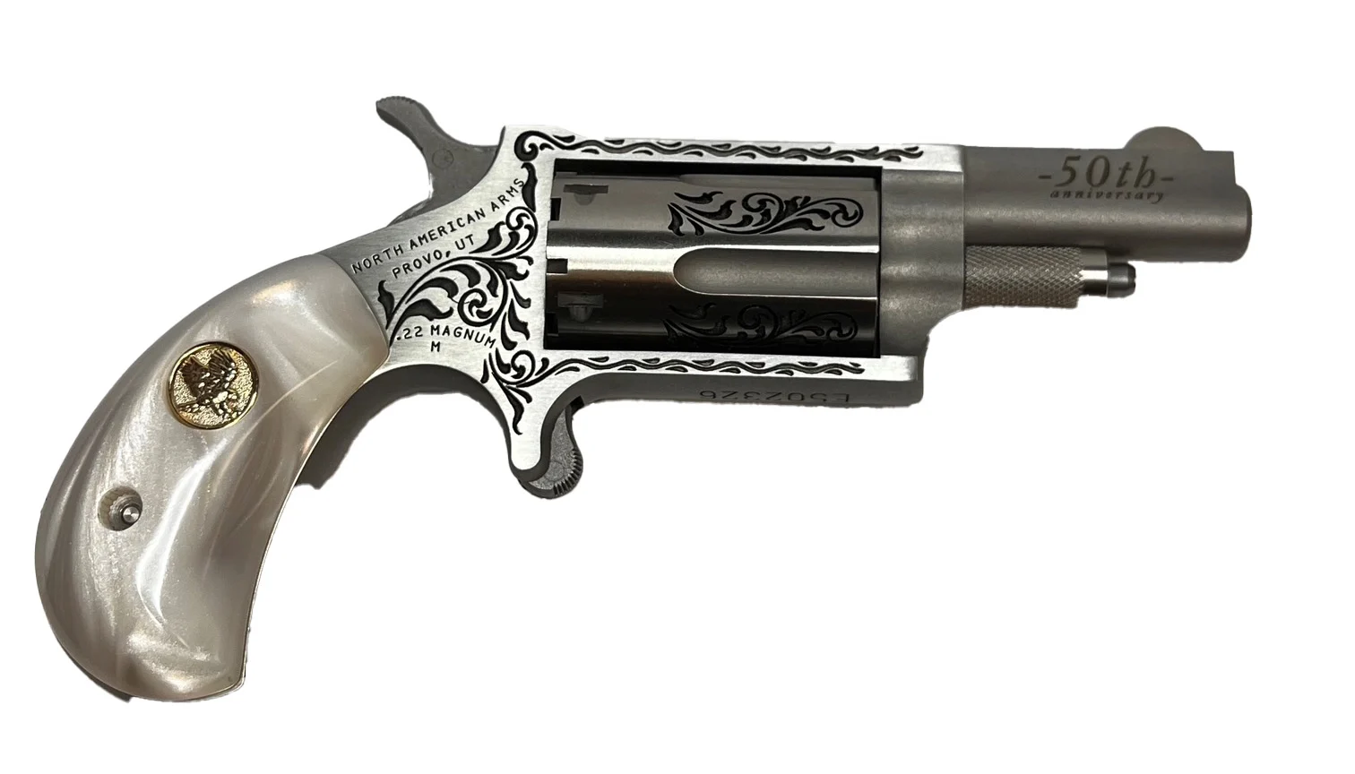 North American Arms 50th Anniversary .22 WMR mini-revolver, stainless finish, white pearl grips