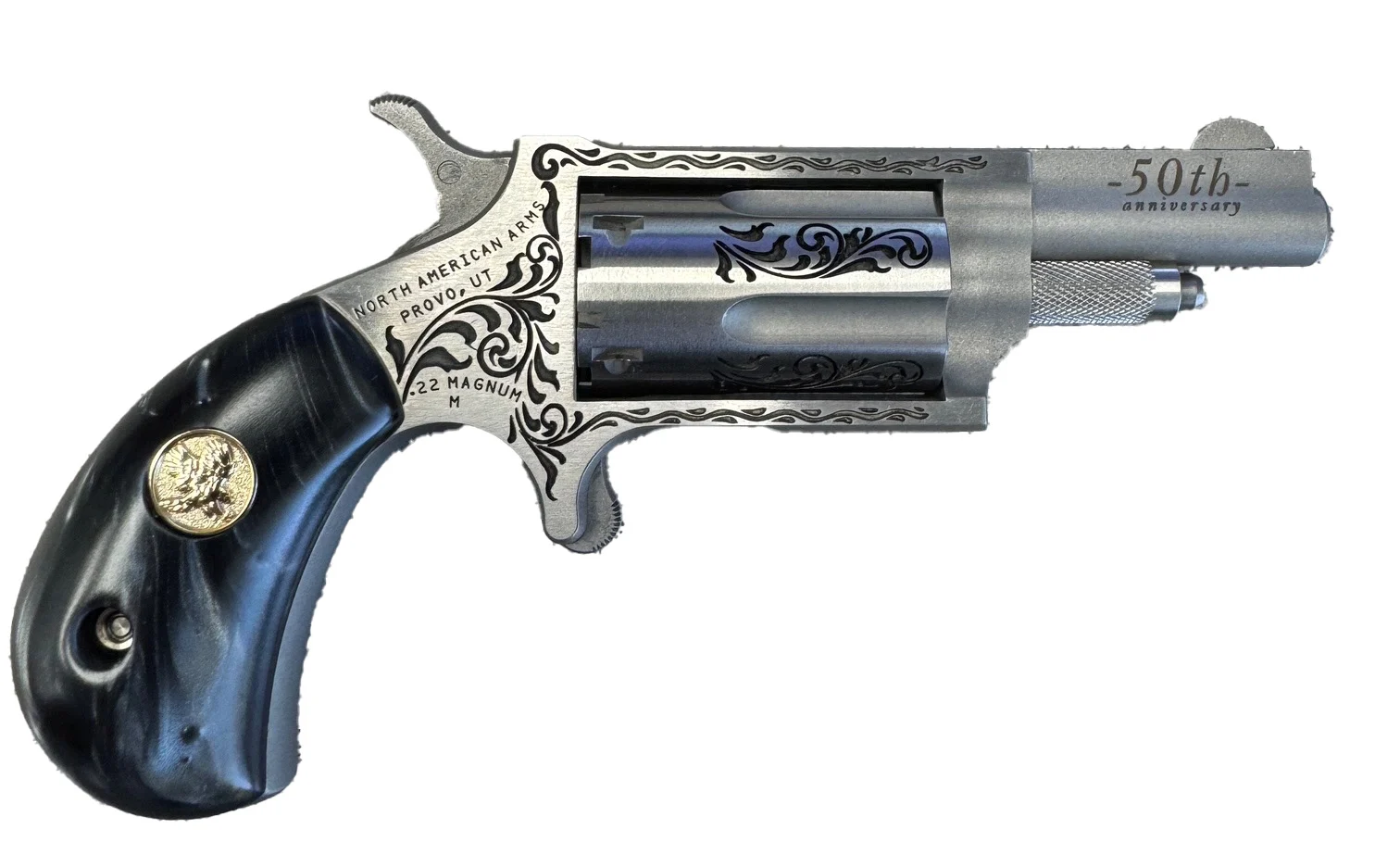 North American Arms 50th Anniversary Mini-Revolver .22 Winchester Magnum engraved stainless Black Pearl grip