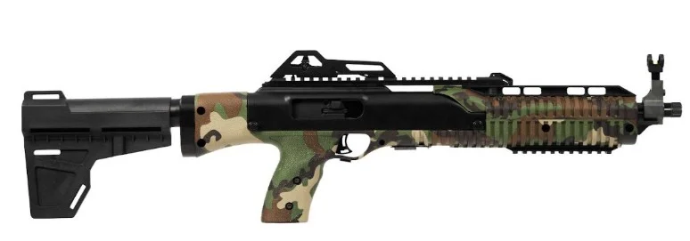 Hi-Point 995P 9mm pistol with 13.25-inch threaded barrel and M81 brace in woodland camouflage