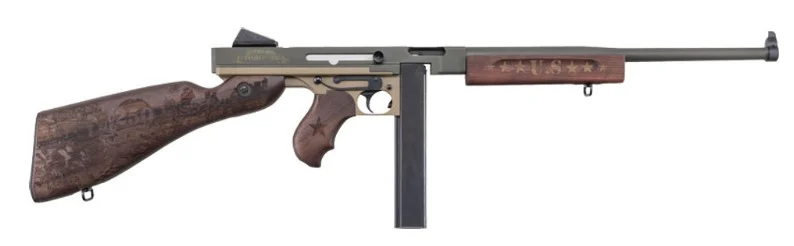 Auto-Ordnance Thompson TM1 Army 250th .45 ACP carbine, 16.5in, OD Green and Coyote Tan with engraved walnut furniture