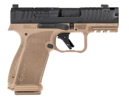 Canik METE MC9 Prime 9mm pistol with black slide and flat dark earth polymer frame, 3.65in barrel