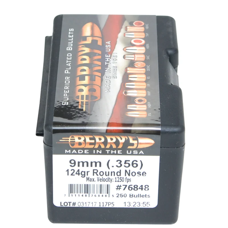 Berrys 9mm .356 124gr round nose plated pistol bullets 250 per box