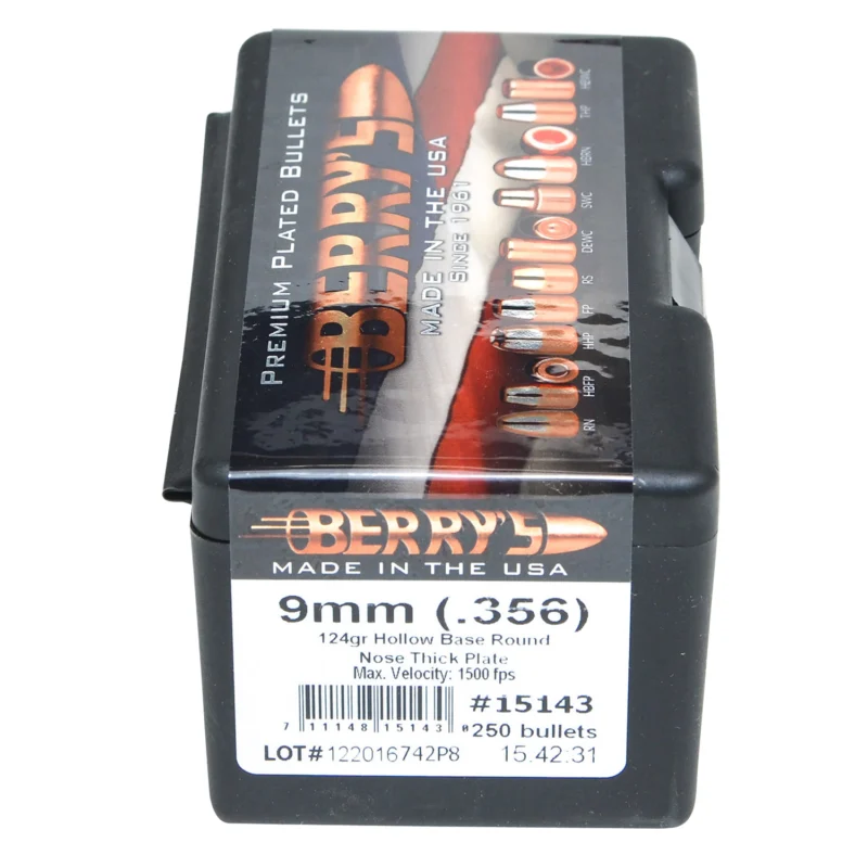 Berry's Superior Plated 9mm .356 124 gr hollow base round nose bullets, 250/box