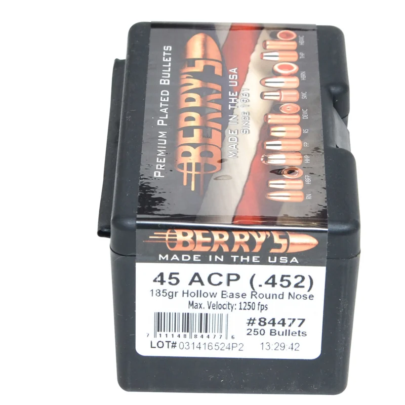 Berry's 84477 .45 Cal 185 gr Hollow Base Round Nose bullets 250/box