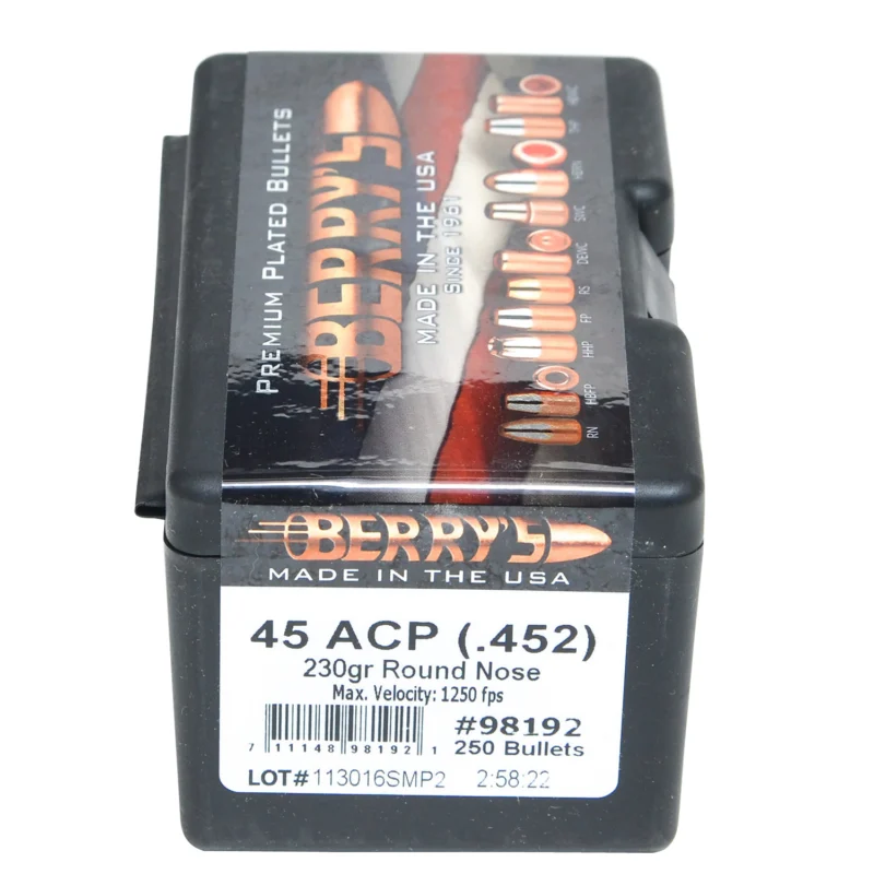 Berry's 230 gr .45 cal (.452) plated round-nose pistol bullets, 250 per box