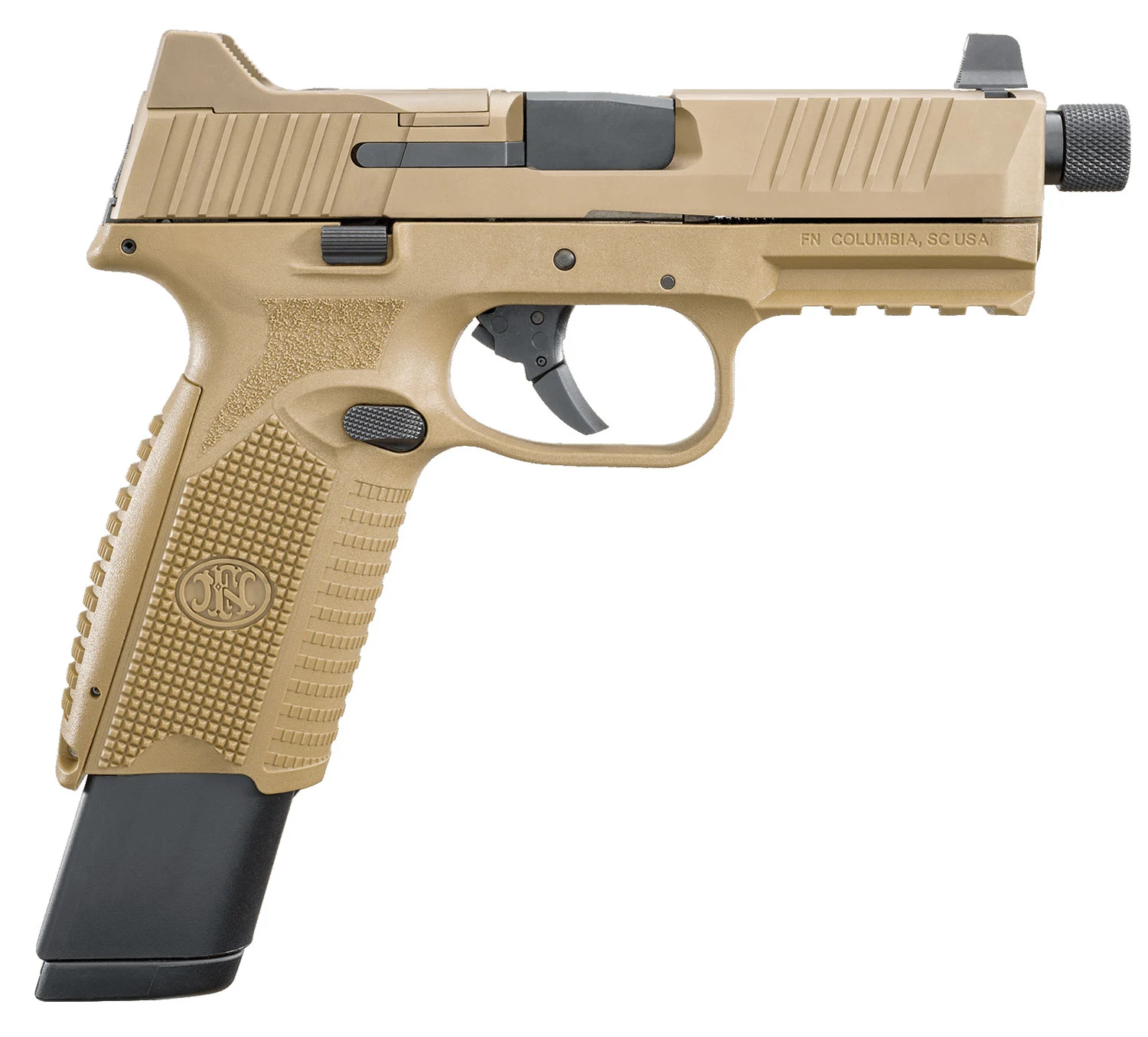 FN 509 Tactical 9mm pistol with 4.5-inch threaded barrel in Flat Dark Earth