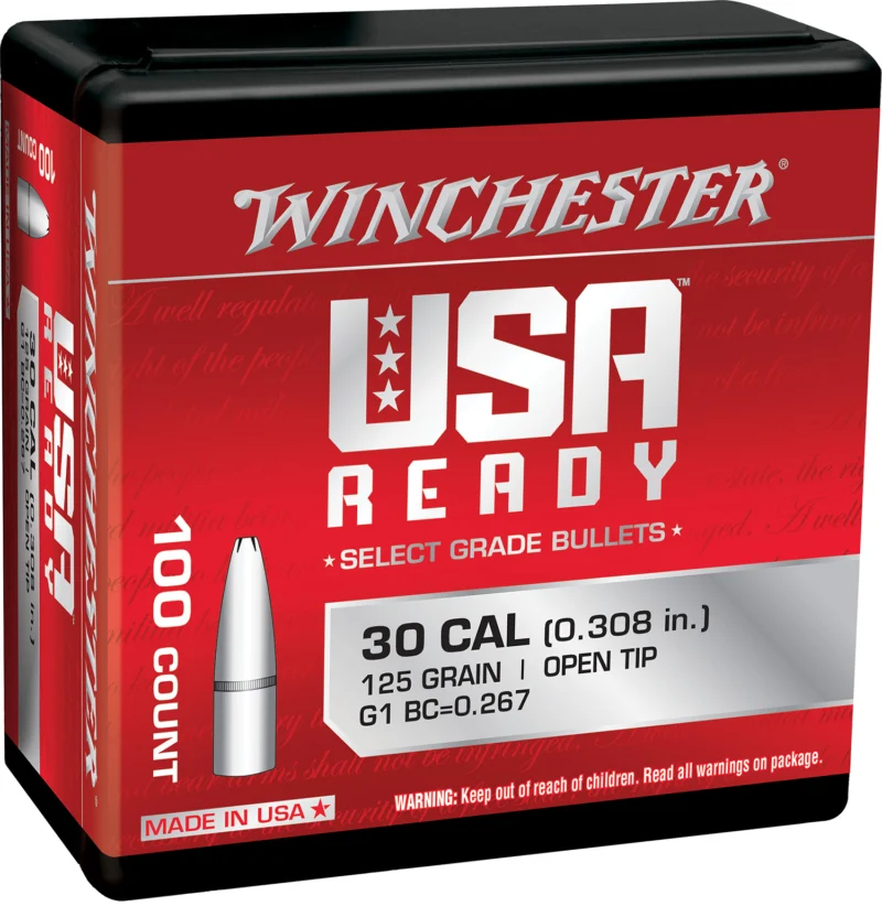 Winchester .308 125 gr Open Tip Range bullets box and bullets