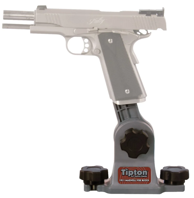 Tipton 1911 Mag Well Vise Block in gray and red polymer for standard 1911 pistols