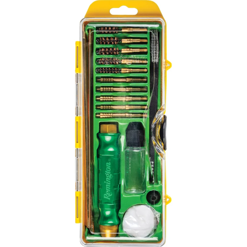 Remington Premier Universal Rifle Cleaning Kit showing brass rods, handle, brushes, jags, patches, and case