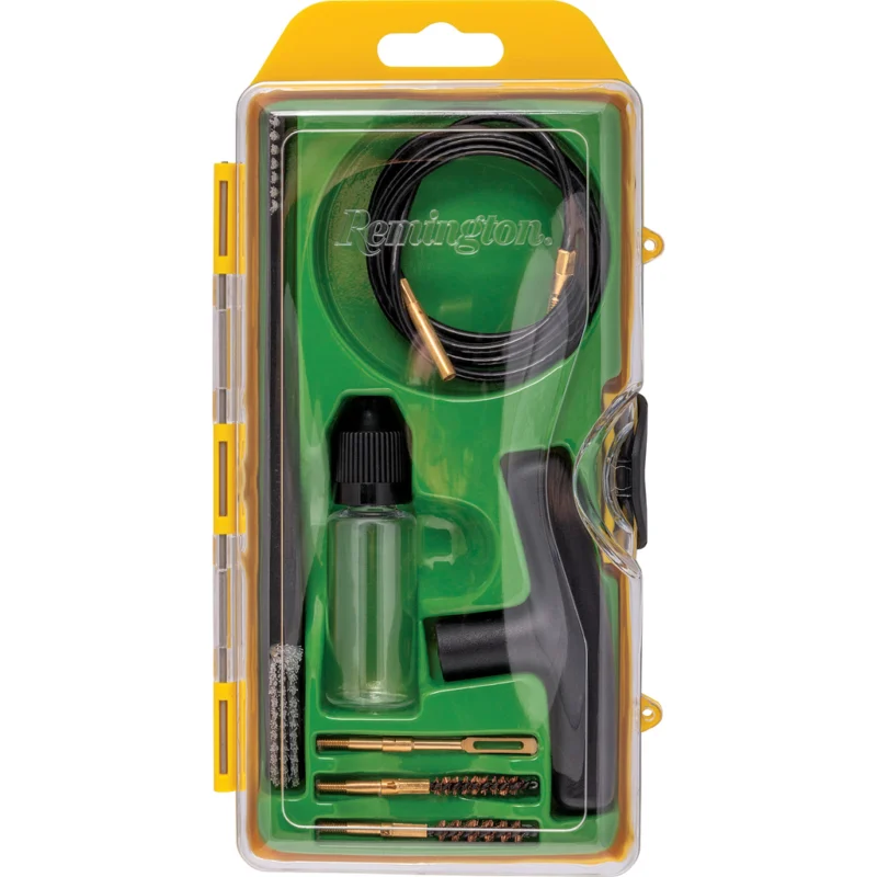 Remington Premier Rimfire Cleaning Kit with brushes, T-handle, coated wire rope, oil bottle, and plastic case