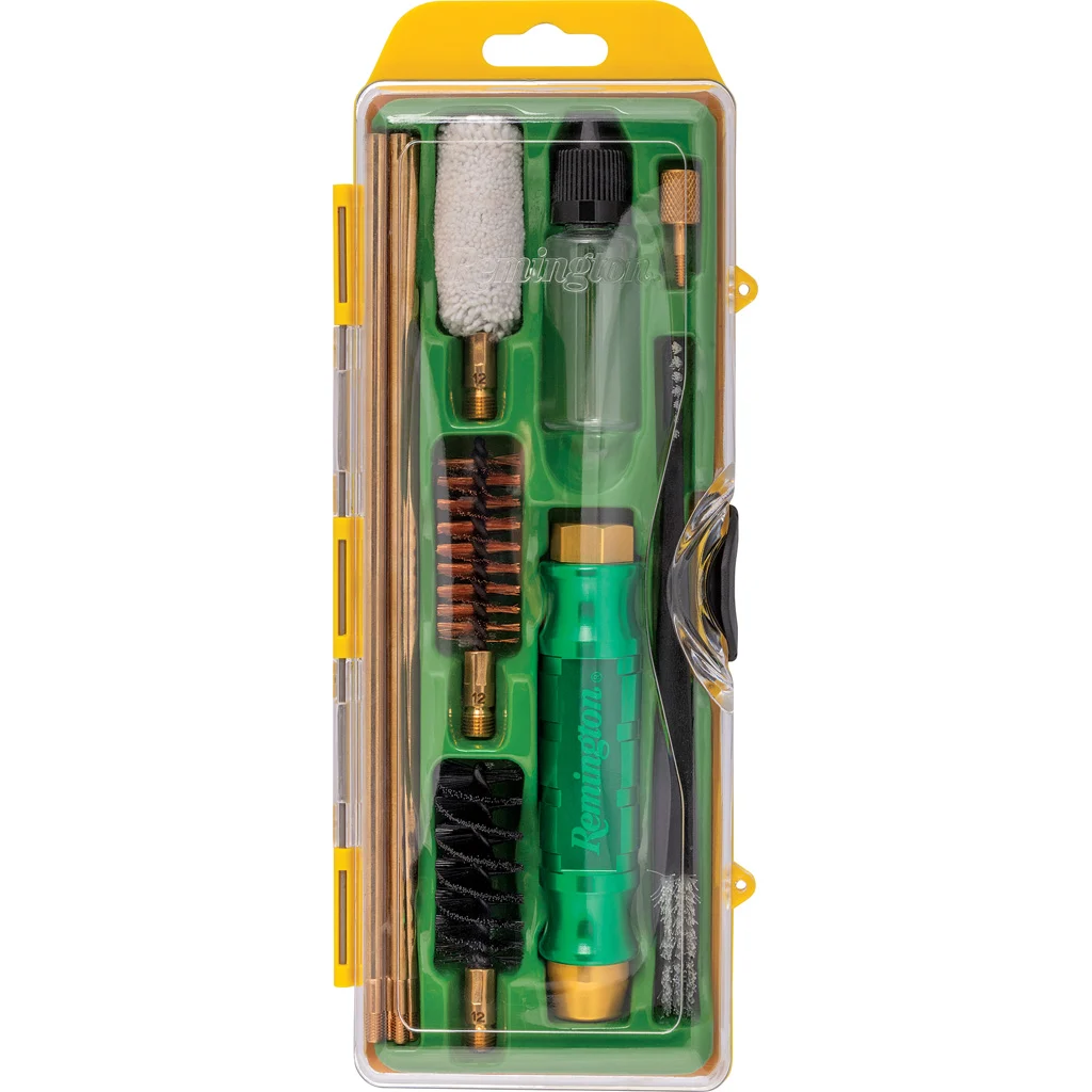 Remington R12CK Premier shotgun cleaning kit components including brass rods, brushes, mop and oil bottle