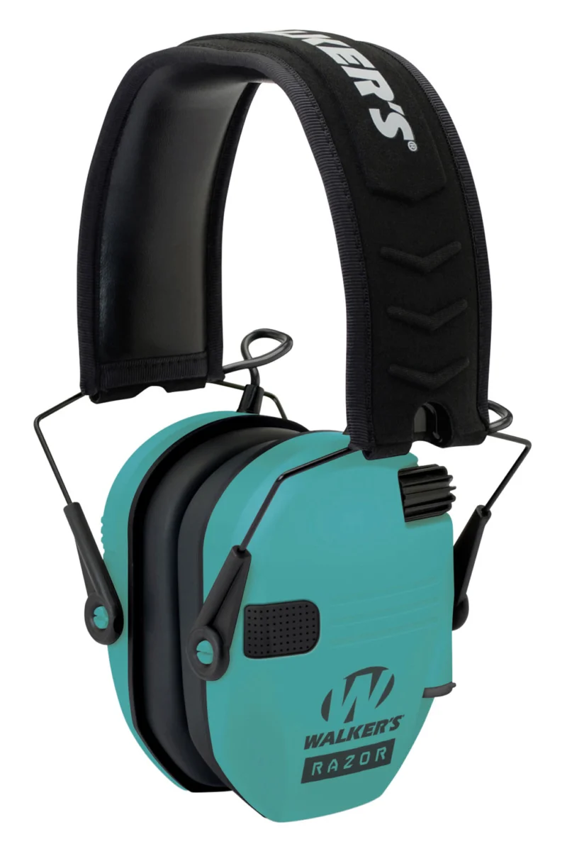 Walkers Razor Slim electronic earmuffs teal NRR 23 dB folding design