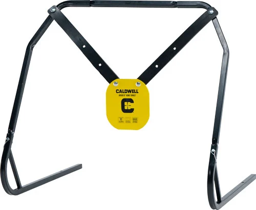Caldwell AR500 8-inch yellow steel gong target with collapsible stand and XL strap hangers