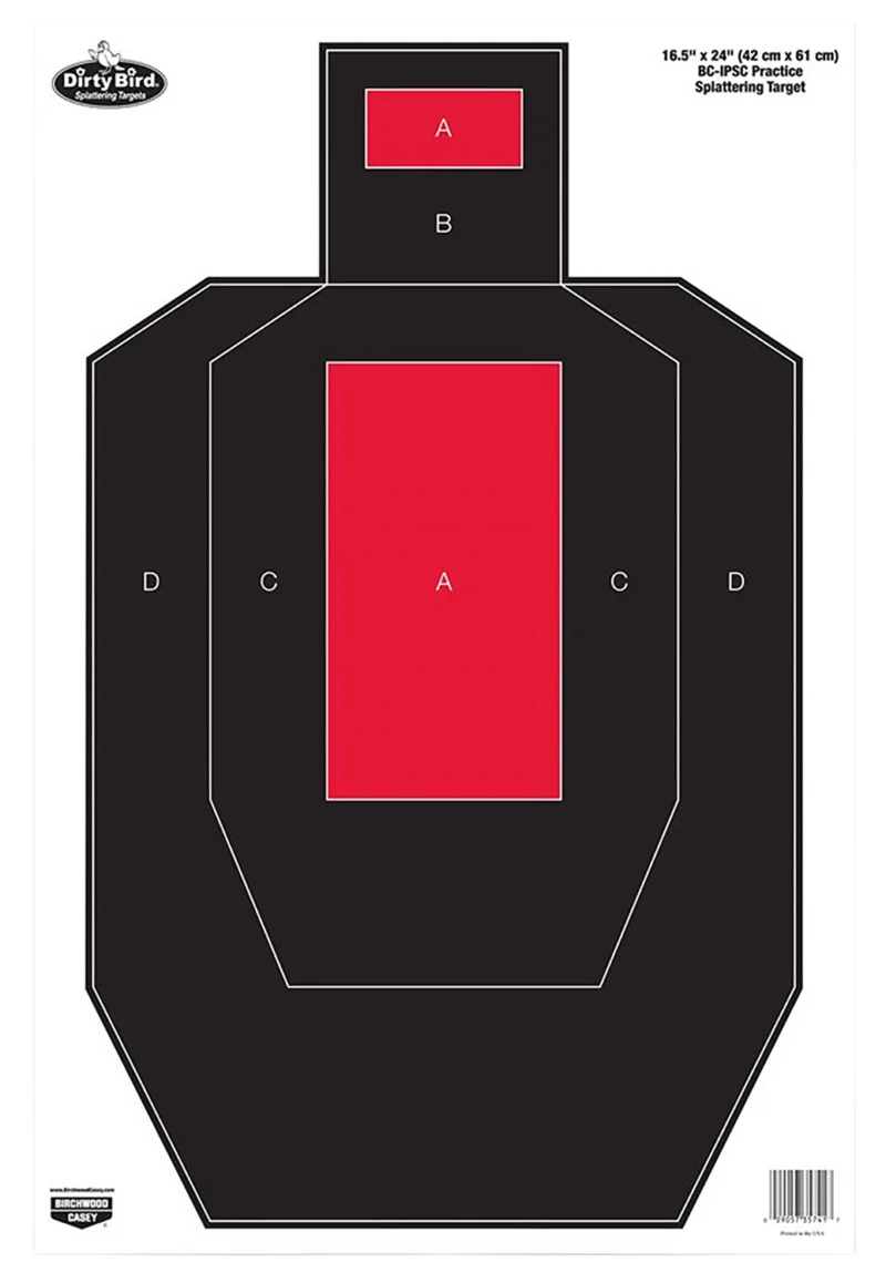 Birchwood Casey Dirty Bird IPSC tagboard target 16.5x24 black red white impact splatter 3-pack