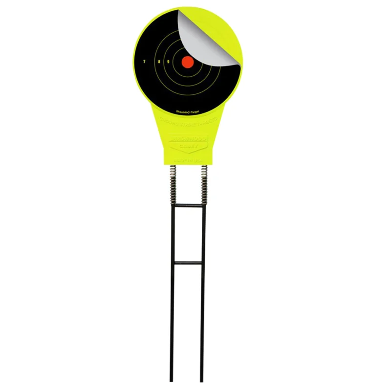 Birchwood Casey Ground Strike Belly Dancer metal spring target with yellow bullseye