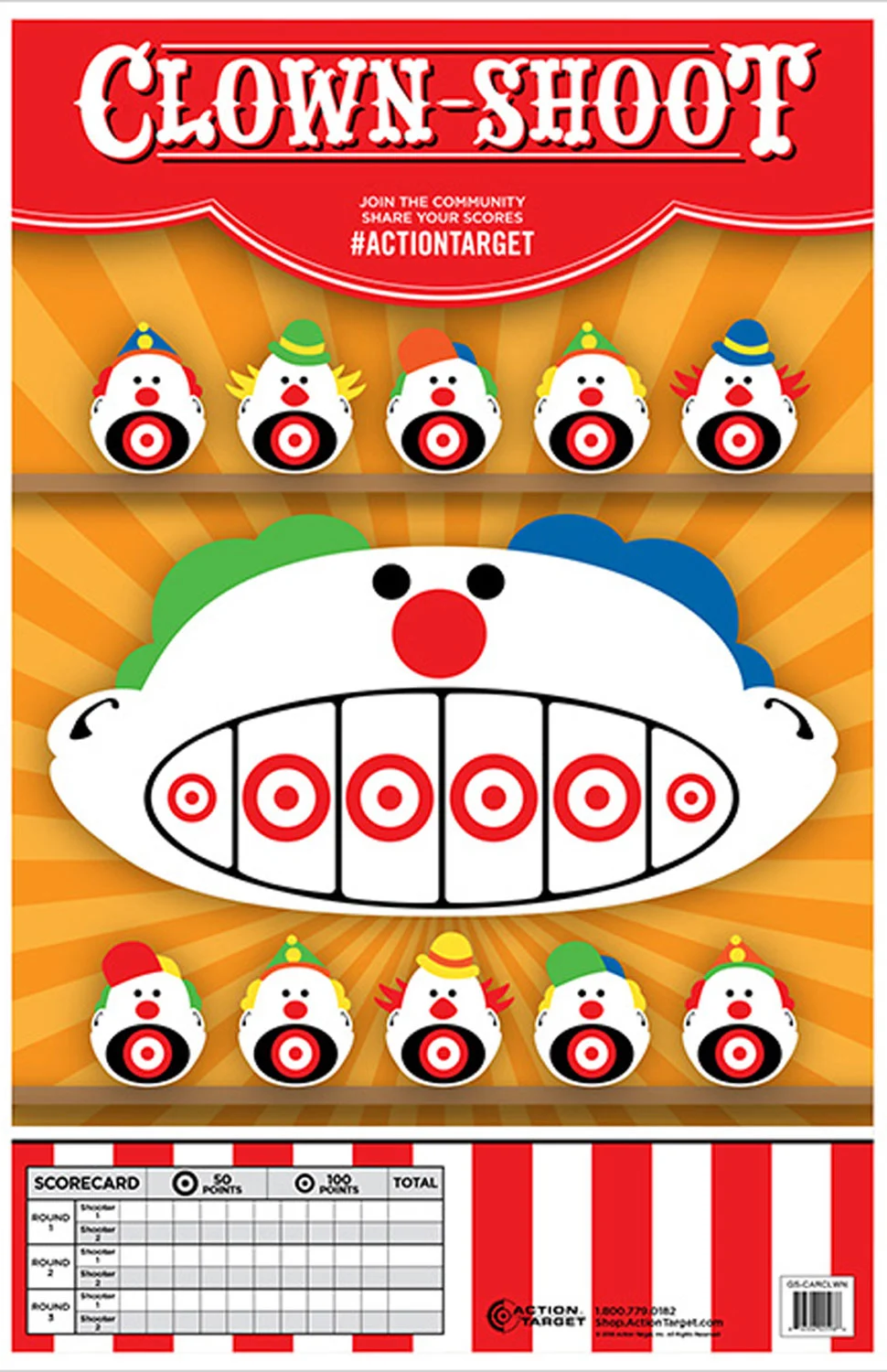 Action Target GSCARCLWN100 multi-color clown paper hanging target 23 x 35, box of 100