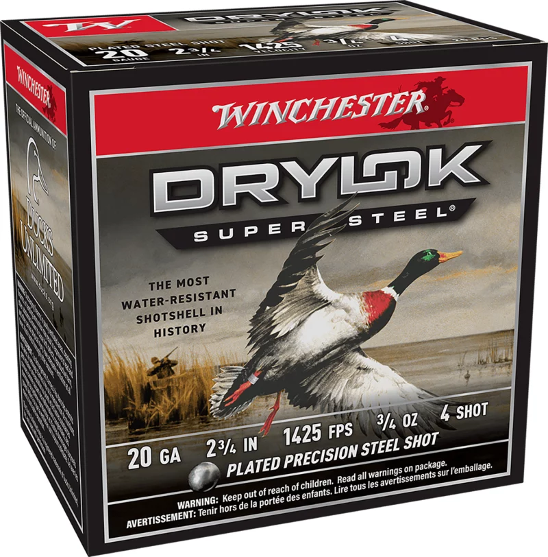 Winchester Drylok Super Steel 20ga 2.75in 3/4 oz #4 plated steel 25-count box