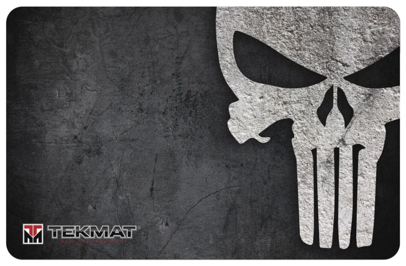 TekMat 11x17 Punisher bench mat, black neoprene with white skull graphic