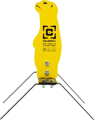 Caldwell AR500 Prairie Dog auto-reset popper target in yellow AR500 steel with stand