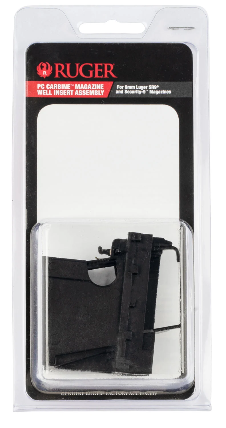 Ruger magazine well insert assembly for PC Carbine, black polymer, accepts SR9 & Security-9 9mm magazines