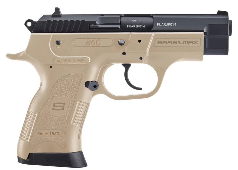SAR Arms B6C Compact 9mm pistol in flat dark earth frame with black oxide slide, 3.8 inch barrel