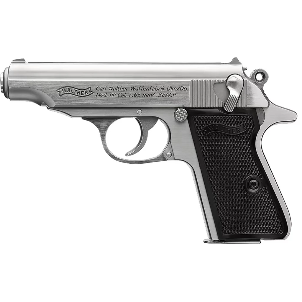 Walther PP stainless pistol .32 ACP right-side view with synthetic grip