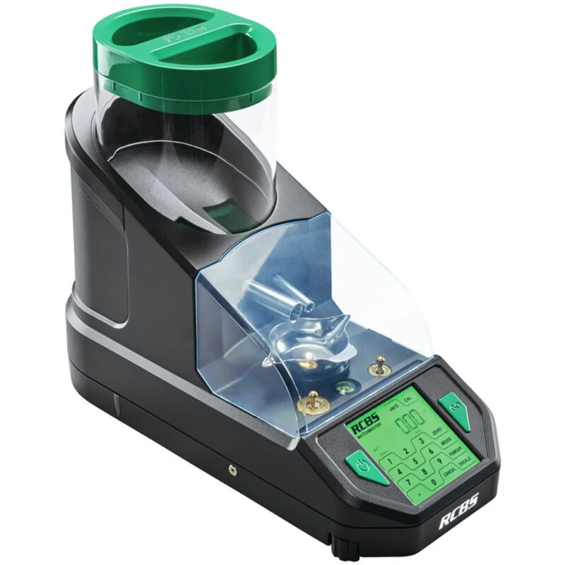 RCBS MatchMaster powder dispenser, black and green digital scale and dispenser