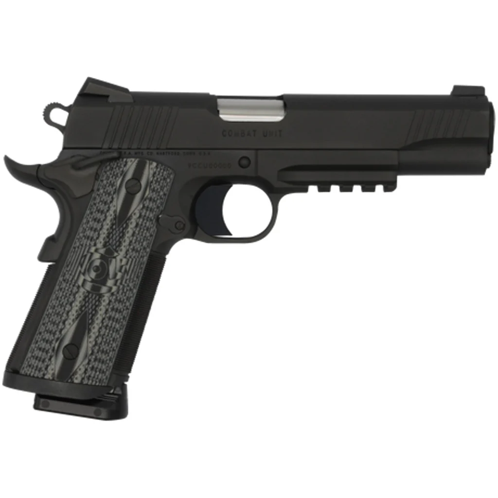 Colt 1911 CCU Rail Government .45 ACP 5-inch pistol with G10 checkered gray grips and M1913 Picatinny rail
