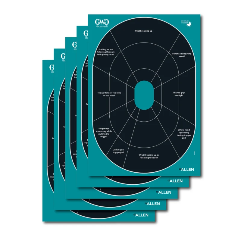 Allen Girls With Guns Splash adhesive oval target 12x18, 5-pack, black/teal with bright yellow enhancement