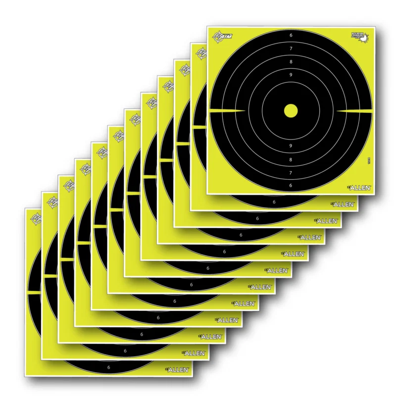 Allen EZ-Aim Splash Bullseye 12x12 non-adhesive paper targets 12-pack in black and yellow