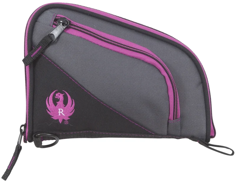 Ruger Tucson women's 8 inch handgun case, black/gray with orchid accents and soft knit lining