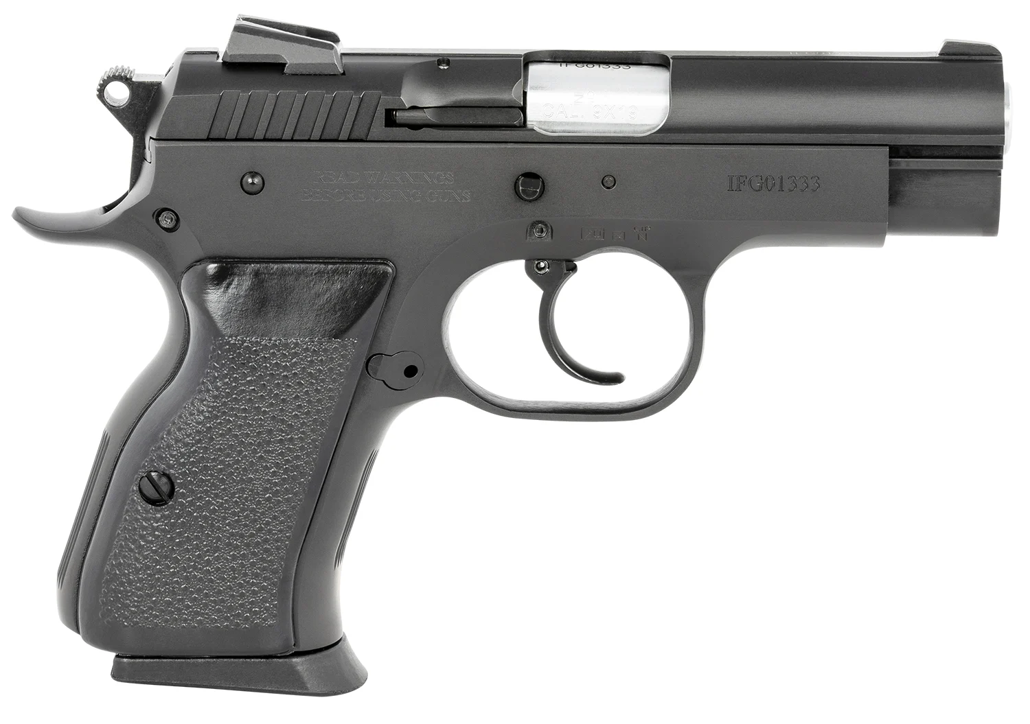 Tanfoglio TFCOMBATC9 Combat Compact 9mm pistol with stainless barrel and black serrated steel slide