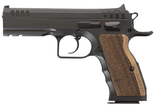 Tanfoglio IFG Defiant Stock I 9mm pistol, black finish with wood grips and Picatinny rail