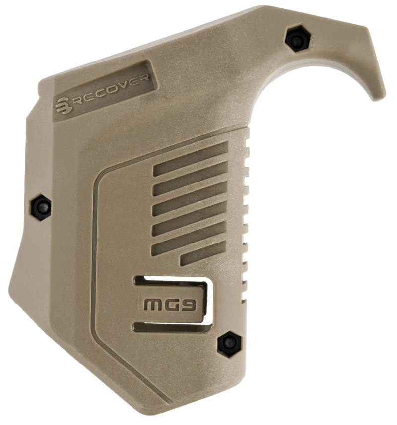 Recover Innovations MG9-02 angled tan polymer mag pouch mounted on Picatinny rail